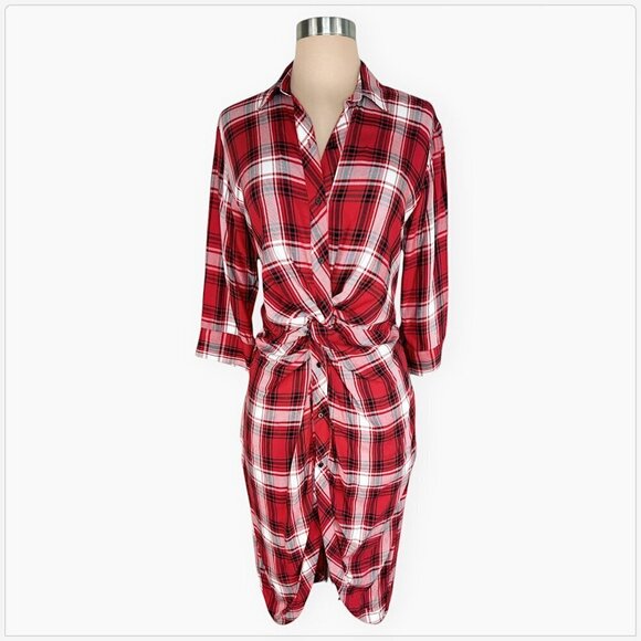 Zara Premium Denim Collection Red White Plaid Twist Knot Button Midi Dress S - Picture 3 of 6